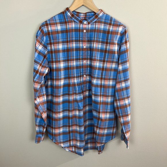 Lands End Flannel Shirt 14 Women Plaid Orange Blue Popover‎ Long Roll Tab Sleeve - Picture 1 of 11